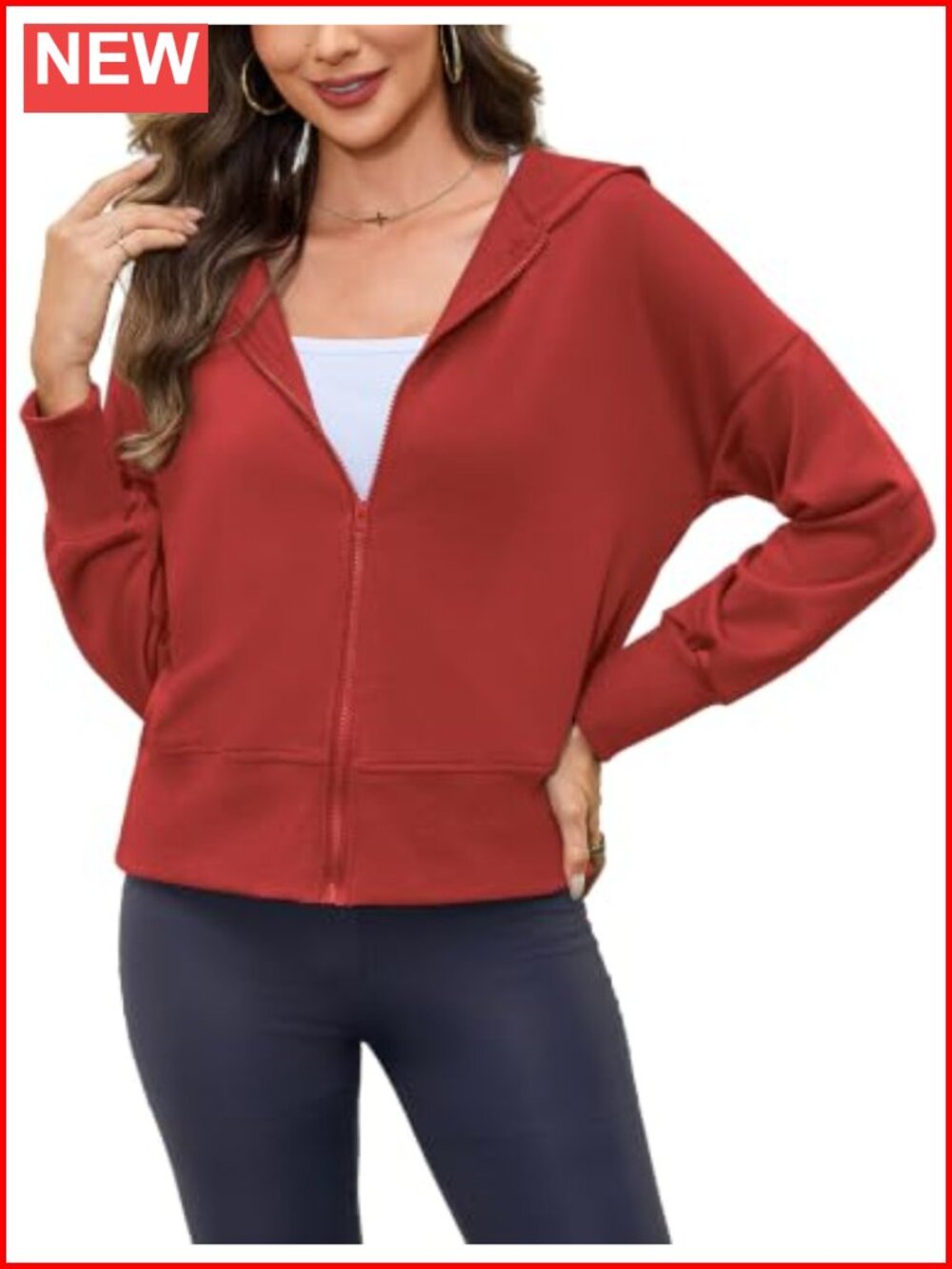 Women Lightweight Full Zip Up Hoodie Dropped Shoulder Waist-Length